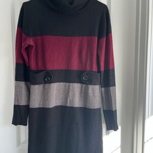 Iz Byer Black, Red, and Gray Striped Turtleneck Dress